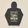 Pitch Late. Leave Early. Leave No Trace. Unisex Hoodie in Charcoal Heather, back view