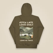 Pitch Late. Leave Early. Leave No Trace. Unisex Hoodie in Military Green, back view