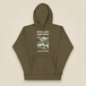 Pitch Late. Leave Early. Leave No Trace. Unisex Hoodie in Military Green, front view
