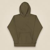 Pitch Late. Leave Early. Leave No Trace. Unisex Hoodie in Military Green, front view
