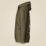 Pitch Late. Leave Early. Leave No Trace. Unisex Hoodie in Military Green, left side view