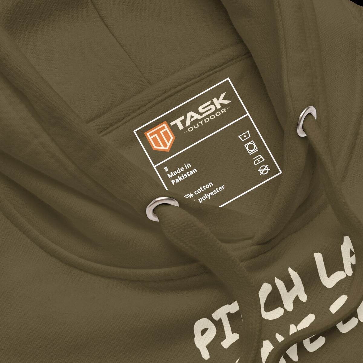 Pitch Late. Leave Early. Leave No Trace. Unisex Hoodie in Military Green, neck label detail