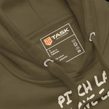 Pitch Late. Leave Early. Leave No Trace. Unisex Hoodie in Military Green, neck label detail