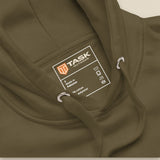 Pitch Late. Leave Early. Leave No Trace. Unisex Hoodie in Military Green, printed neck label