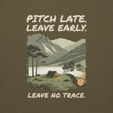 Pitch Late. Leave Early. Leave No Trace. Unisex Hoodie in Military Green, print close-up