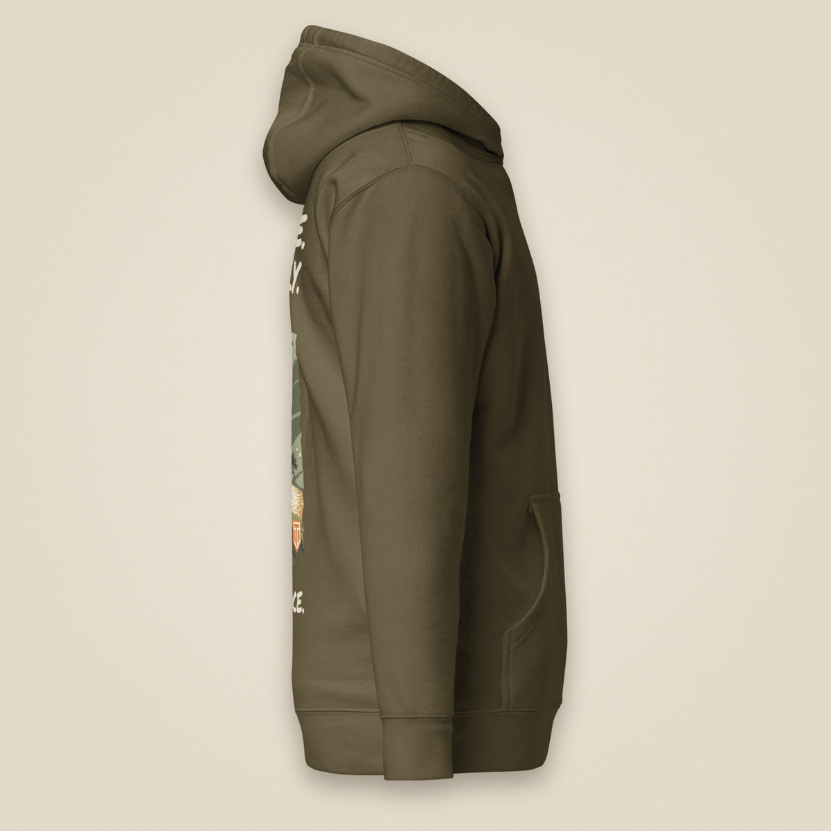 Pitch Late. Leave Early. Leave No Trace. Unisex Hoodie in Military Green, right side view
