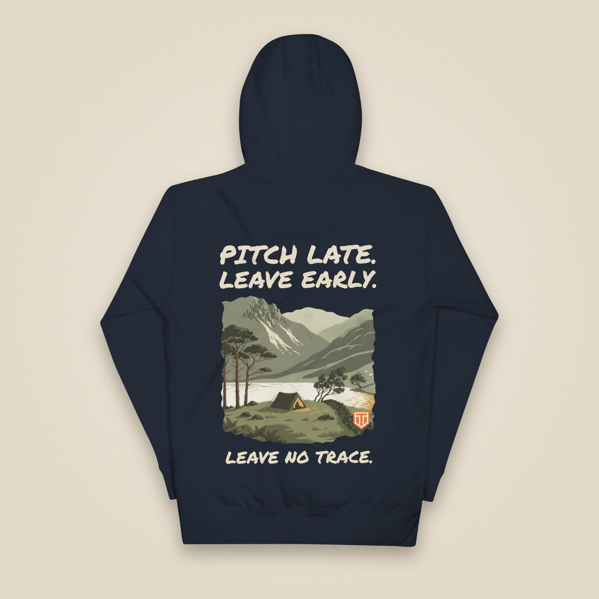 Pitch Late. Leave Early. Leave No Trace. Unisex Hoodie in Navy Blazer, back view