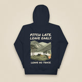 Pitch Late. Leave Early. Leave No Trace. Unisex Hoodie in Navy Blazer, back view