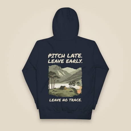 Pitch Late. Leave Early. Leave No Trace. Unisex Hoodie in Navy Blazer, back view