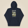 Pitch Late. Leave Early. Leave No Trace. Unisex Hoodie in Navy Blazer, front view