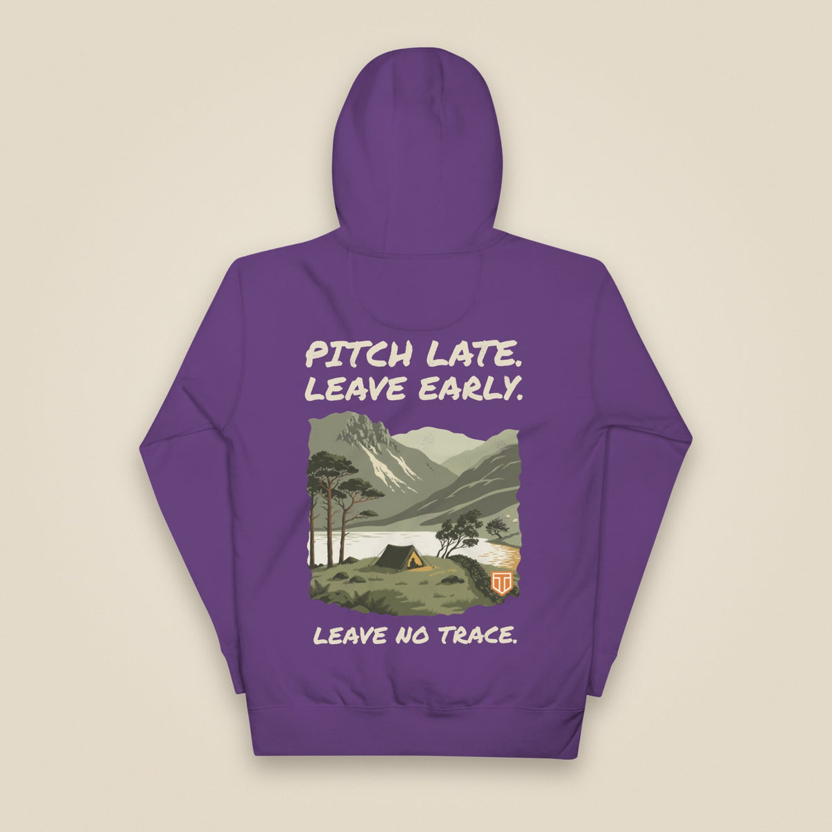 Pitch Late. Leave Early. Leave No Trace. Unisex Hoodie in Purple, back view