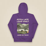 Pitch Late. Leave Early. Leave No Trace. Unisex Hoodie in Purple, back view