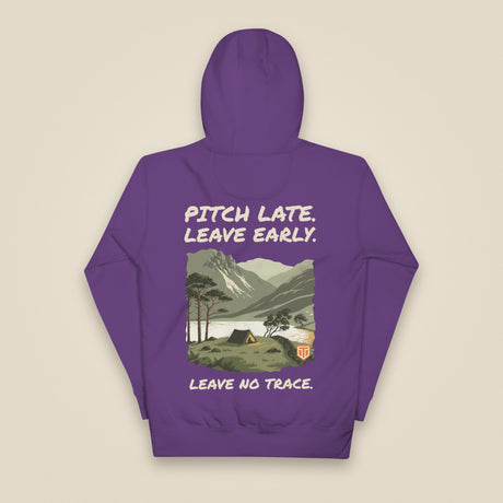 Pitch Late. Leave Early. Leave No Trace. Unisex Hoodie in Purple, back view