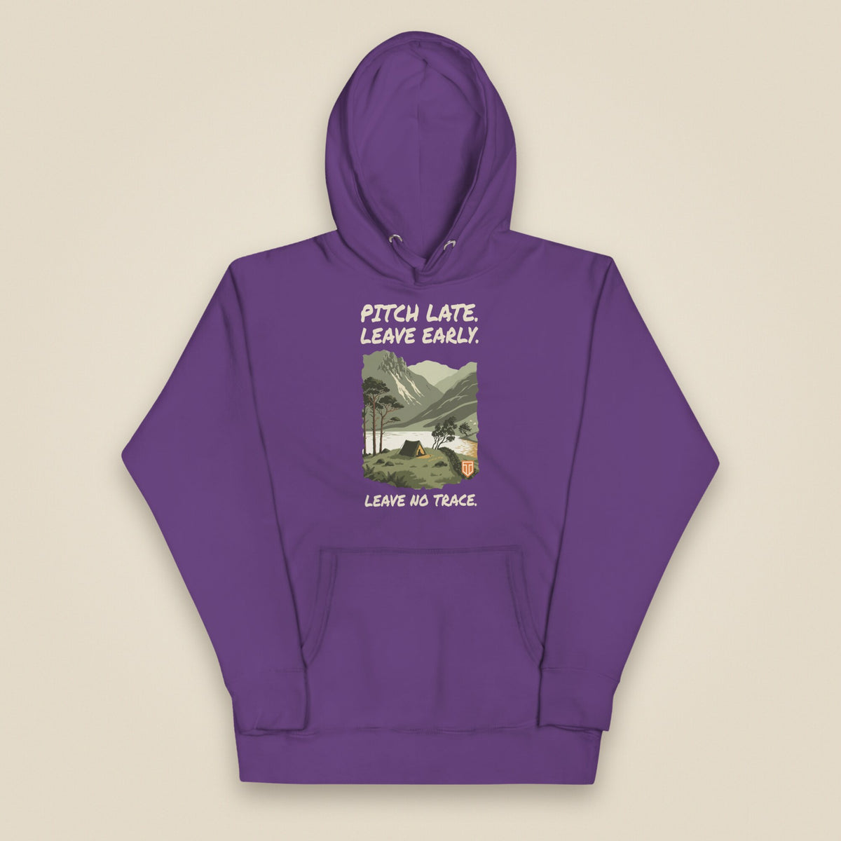 Pitch Late. Leave Early. Leave No Trace. Unisex Hoodie in Purple, front view