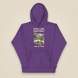Pitch Late. Leave Early. Leave No Trace. Unisex Hoodie in Purple, front view