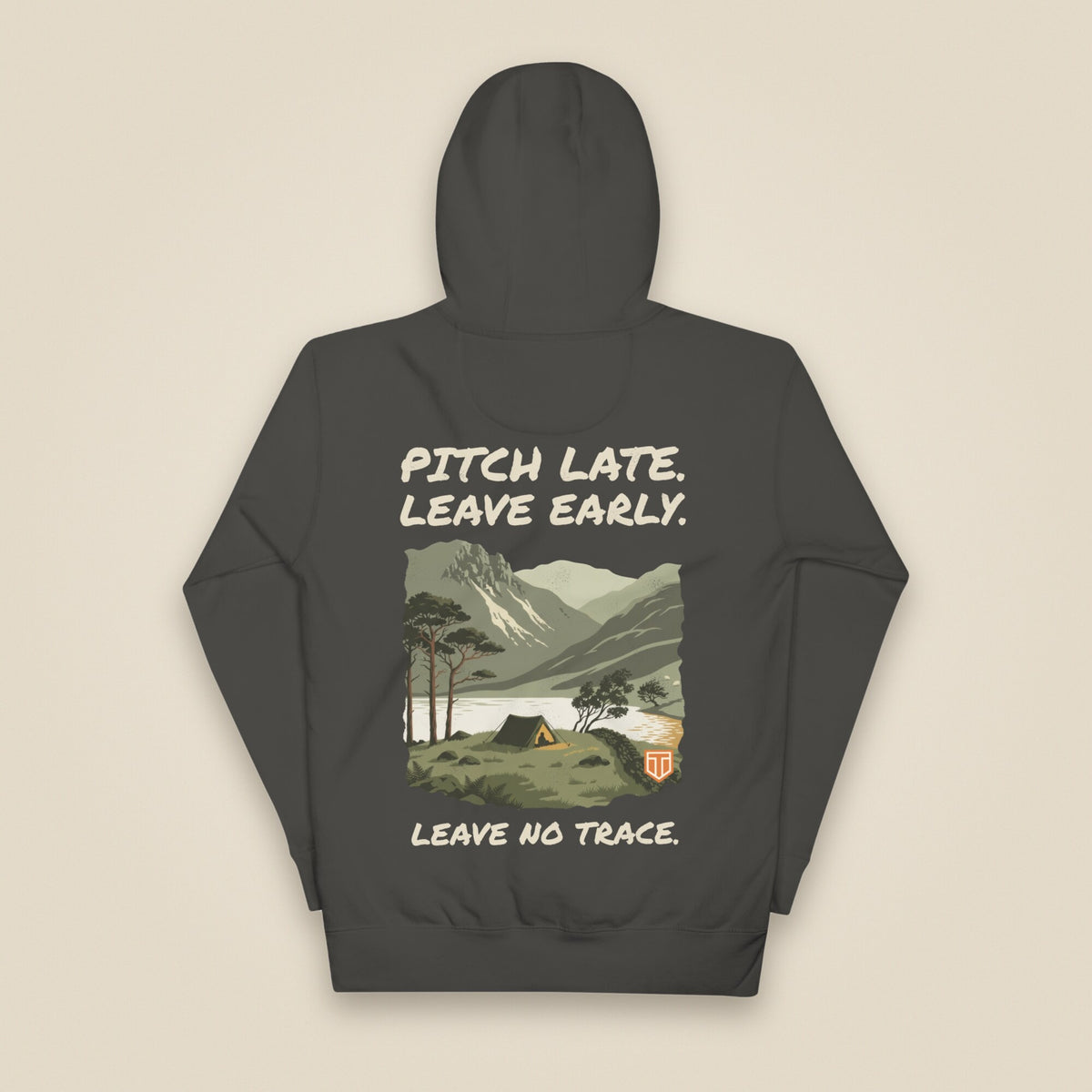 Pitch Late. Leave Early. Leave No Trace. Unisex Hoodie in Vintage Black, back view