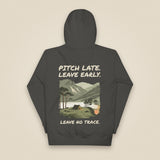 Pitch Late. Leave Early. Leave No Trace. Unisex Hoodie in Vintage Black, back view