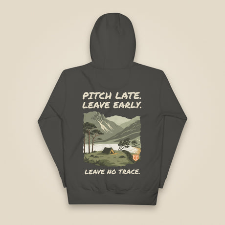 Pitch Late. Leave Early. Leave No Trace. Unisex Hoodie in Vintage Black, back view