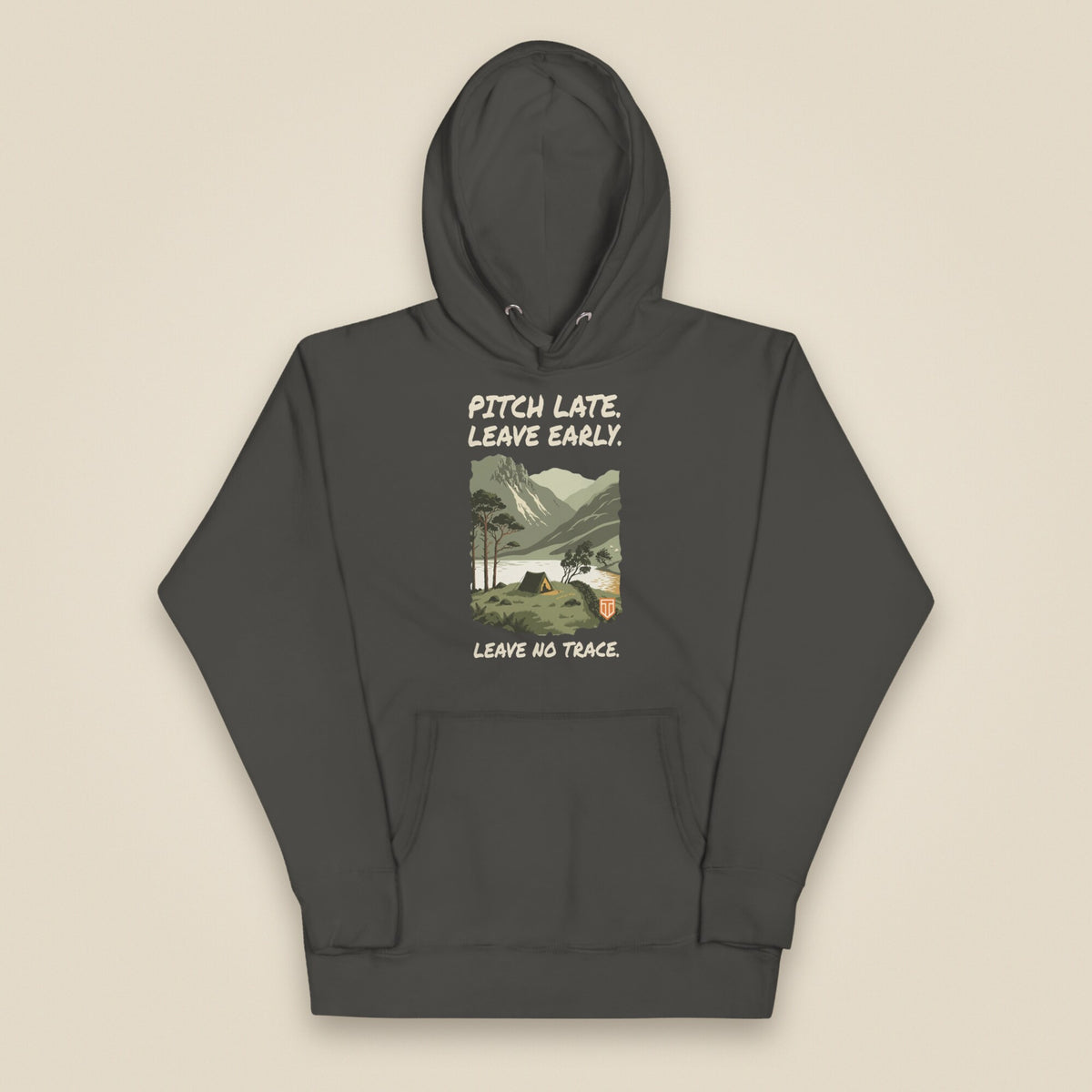 Pitch Late. Leave Early. Leave No Trace. Unisex Hoodie in Vintage Black, front view