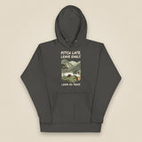 Pitch Late. Leave Early. Leave No Trace. Unisex Hoodie in Vintage Black, front view