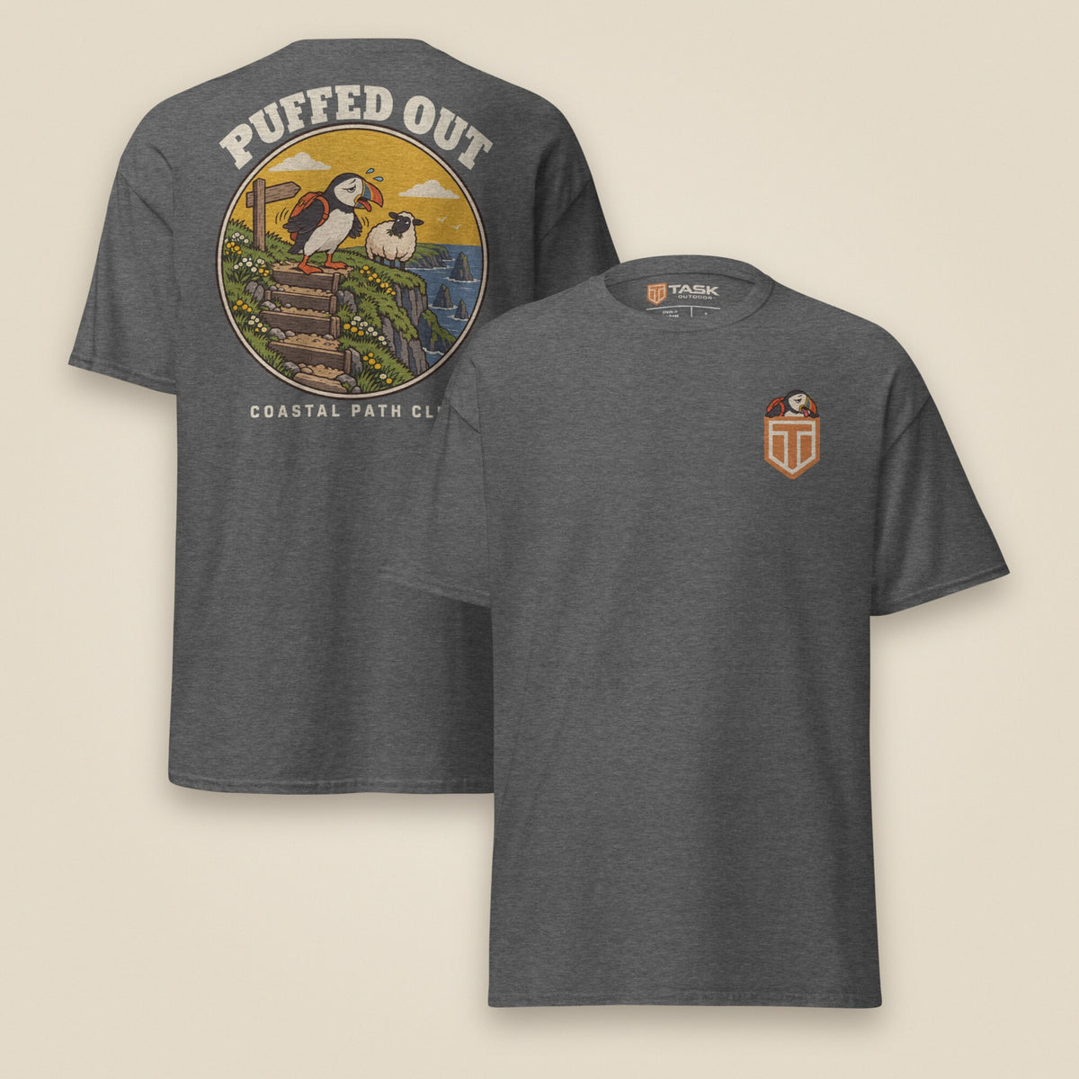Puffed Out Double Sided T-Shirt in Dark Heather, front and back view