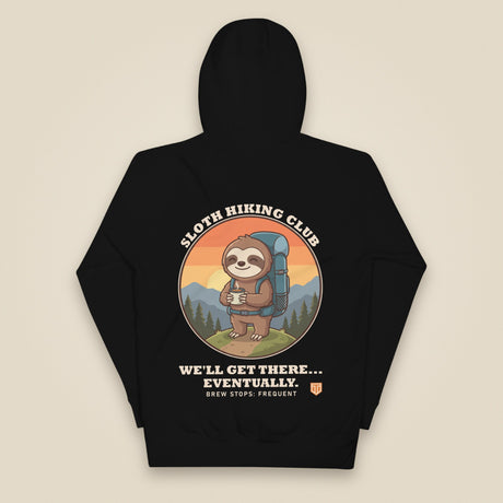 Sloth Hiking Club: Hilltop Hoodie in Black, back view