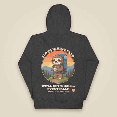 Sloth Hiking Club: Hilltop Hoodie in Charcoal Heather, back view