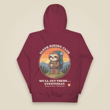 Sloth Hiking Club: Hilltop Hoodie in Maroon, back view