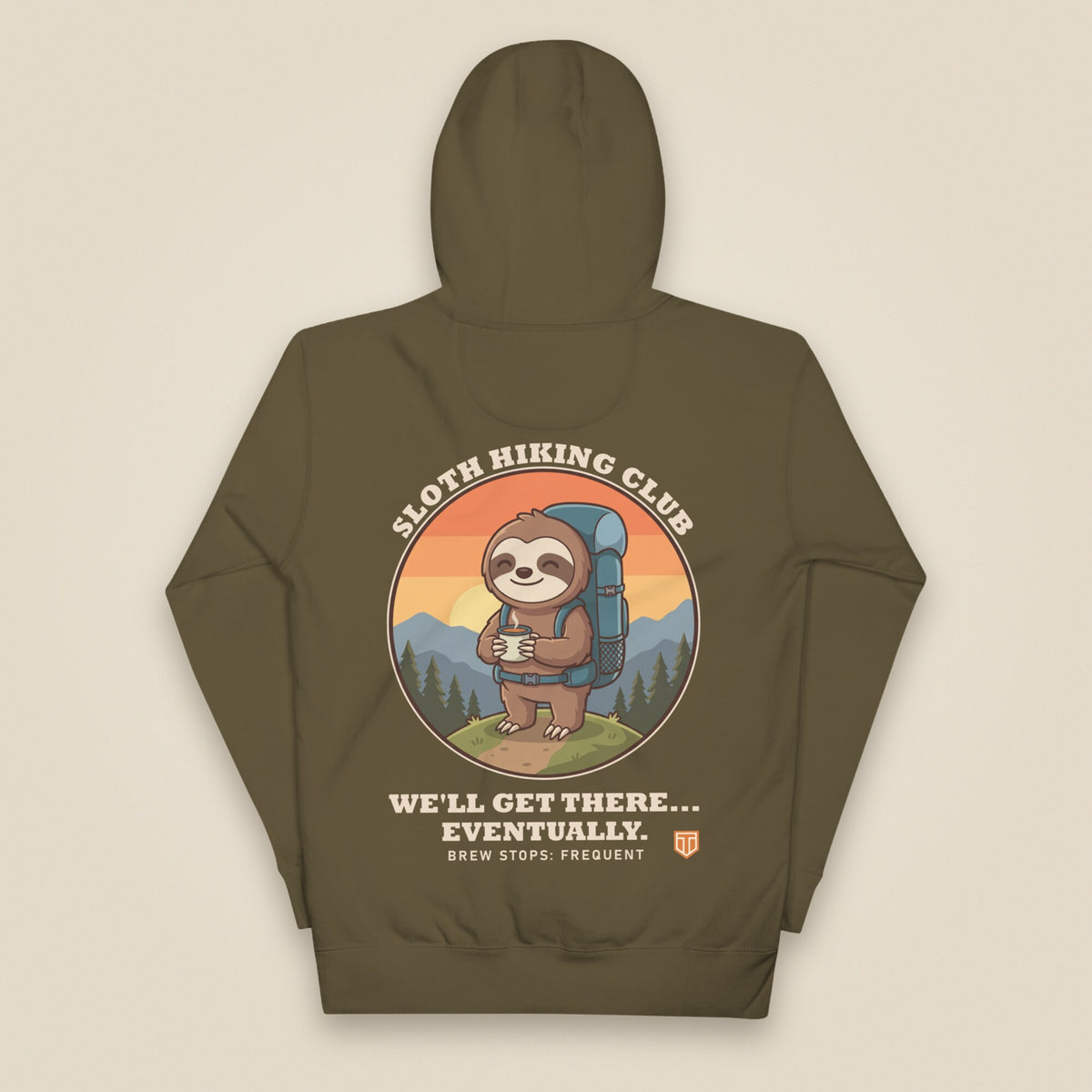Sloth Hiking Club: Hilltop Hoodie in Military Green, back view