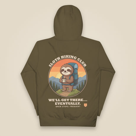 Sloth Hiking Club: Hilltop Hoodie in Military Green, back view