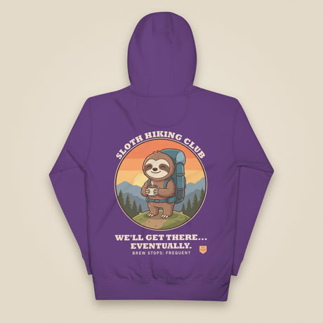 Sloth Hiking Club: Hilltop Hoodie in Purple, back view