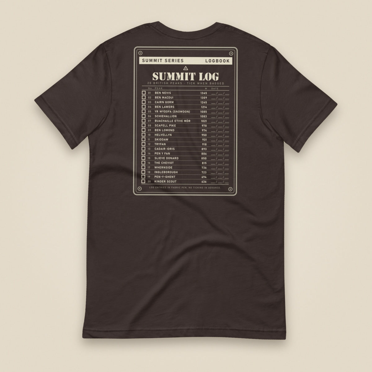 Summit Log 20 Peak Bagging Premium Double Sided T-Shirt in Brown, back view
