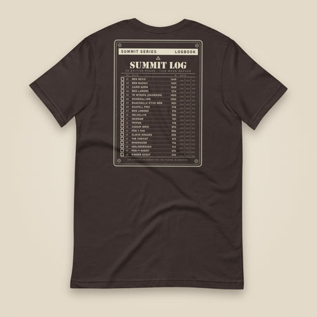 Summit Log 20 Peak Bagging Premium Double Sided T-Shirt in Brown, back view