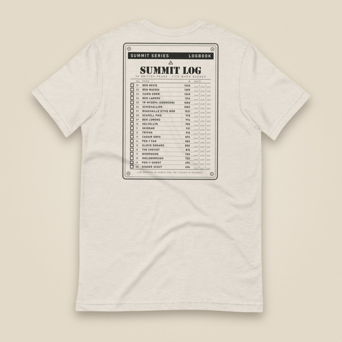 Summit Log 20 Peak Bagging Premium Double Sided T-Shirt in Heather Dust, back view