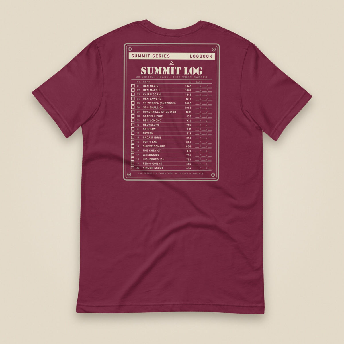 Summit Log 20 Peak Bagging Premium Double Sided T-Shirt in Maroon, back view