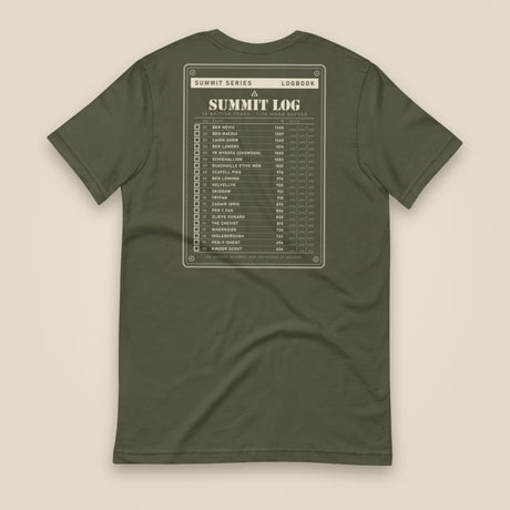 Summit Log 20 Peak Bagging Premium Double Sided T-Shirt in Military Green, back view