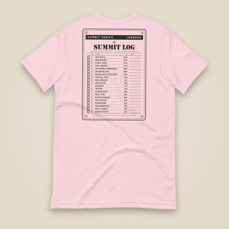 Summit Log 20 Peak Bagging Premium Double Sided T-Shirt in Soft Pink, back view