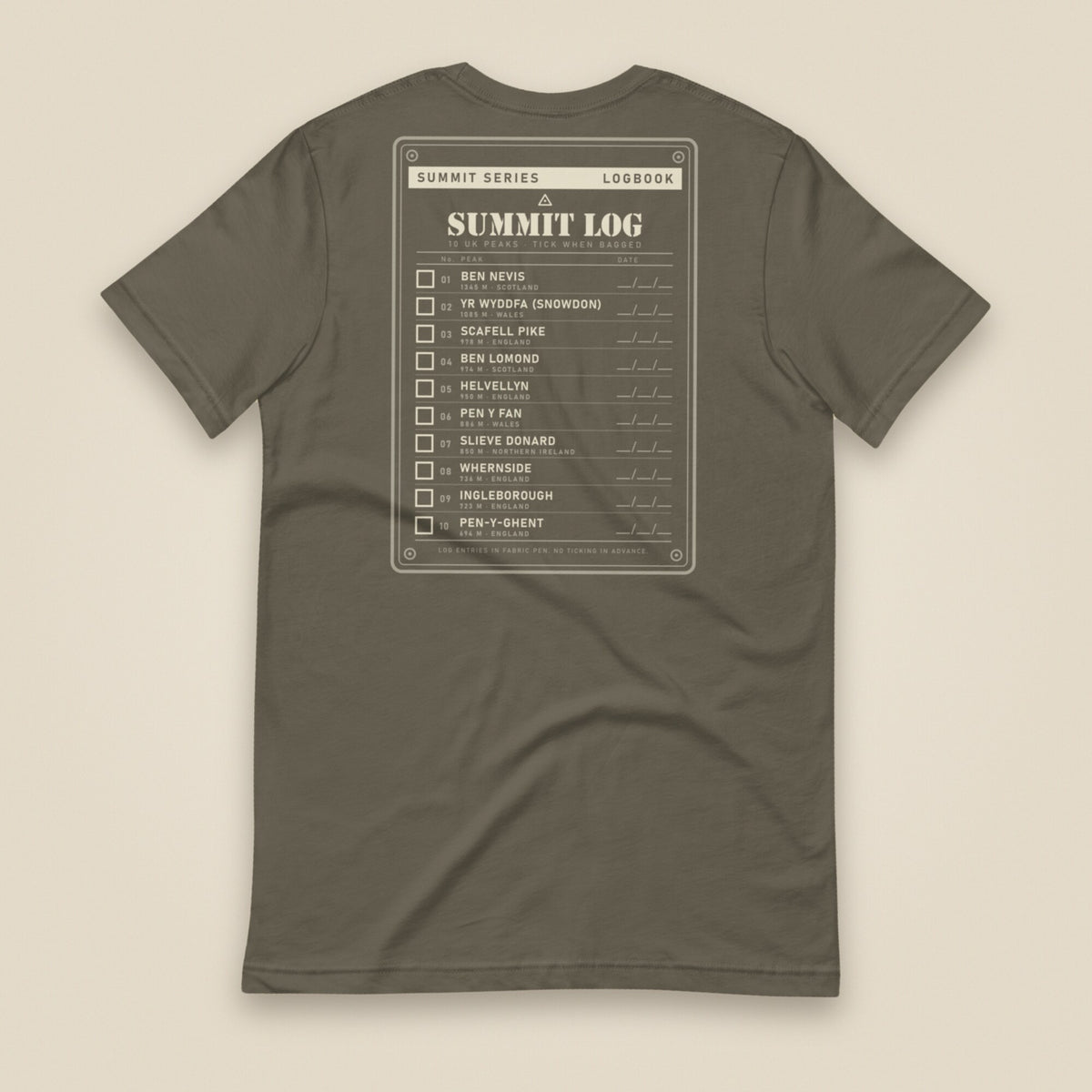Summit Logbook 10 UK Peaks Premium Double Sided T-Shirt in Army, back view