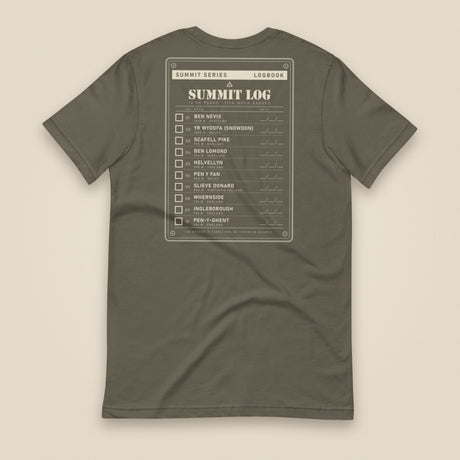 Summit Logbook 10 UK Peaks Premium Double Sided T-Shirt in Army, back view