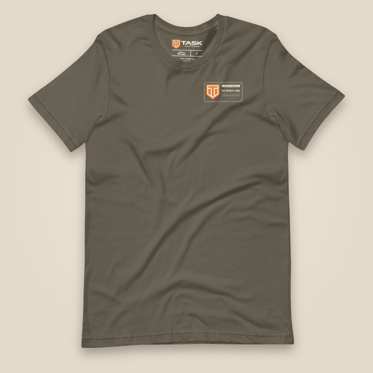Summit Logbook 10 UK Peaks Premium Double Sided T-Shirt in Army, front view