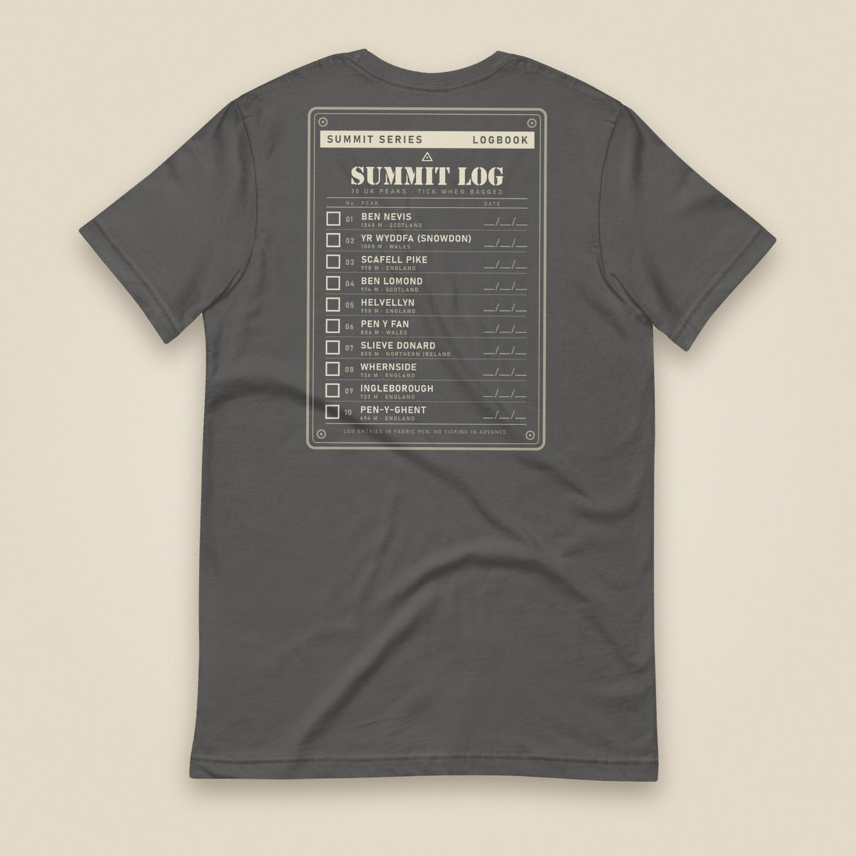 Summit Logbook 10 UK Peaks Premium Double Sided T-Shirt in Asphalt, back view