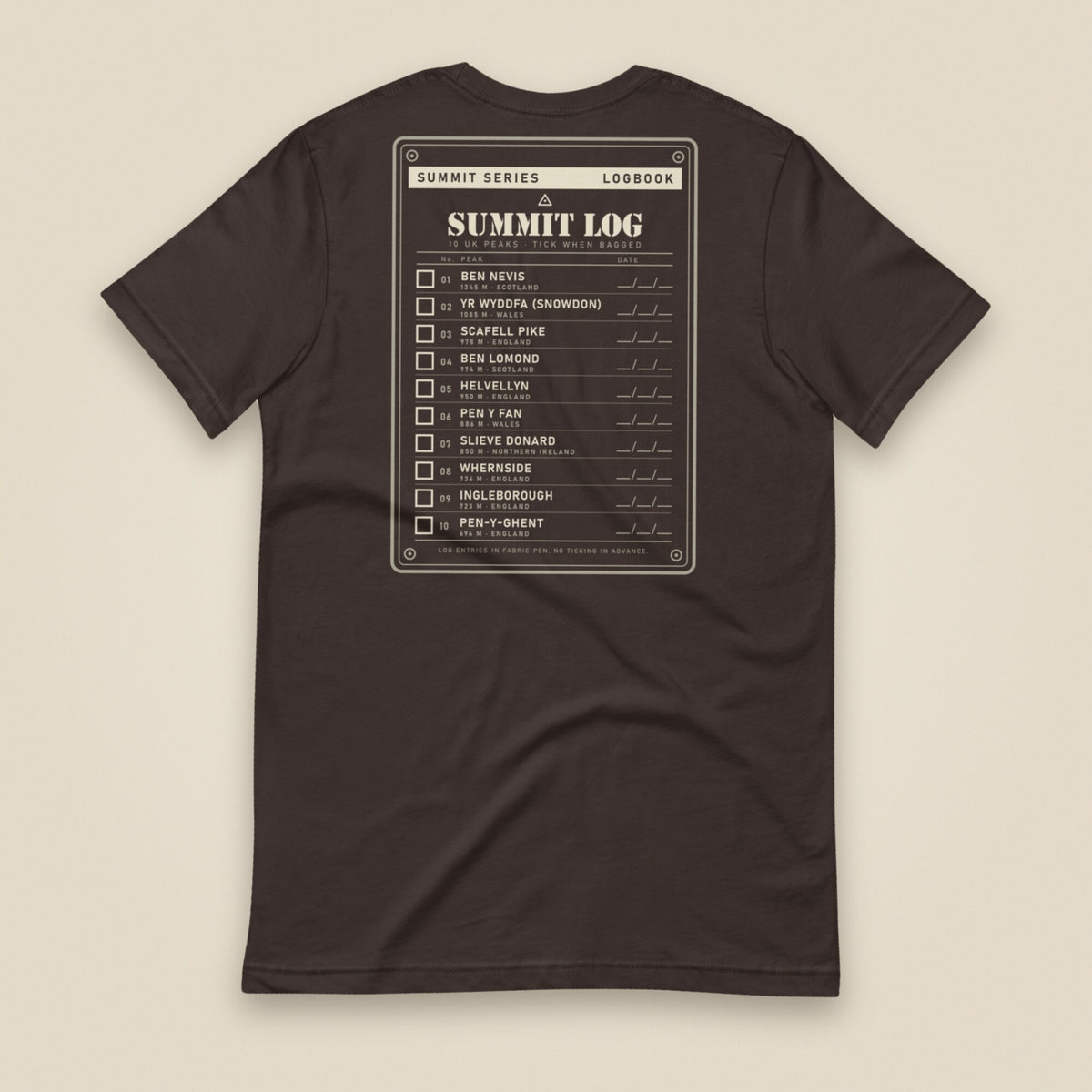 Summit Logbook 10 UK Peaks Premium Double Sided T-Shirt in Brown, back view