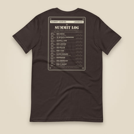 Summit Logbook 10 UK Peaks Premium Double Sided T-Shirt in Brown, back view