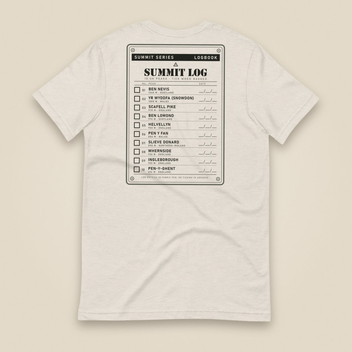 Summit Logbook 10 UK Peaks Premium Double Sided T-Shirt in Heather Dust, back view