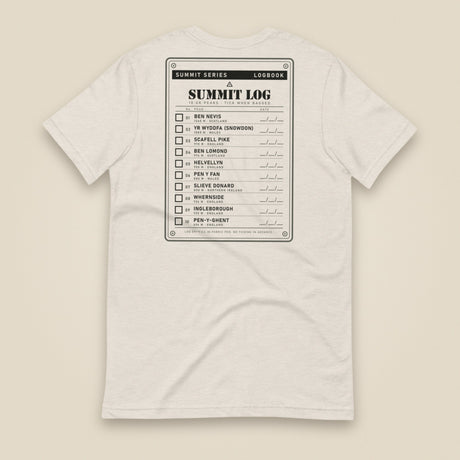 Summit Logbook 10 UK Peaks Premium Double Sided T-Shirt in Heather Dust, back view