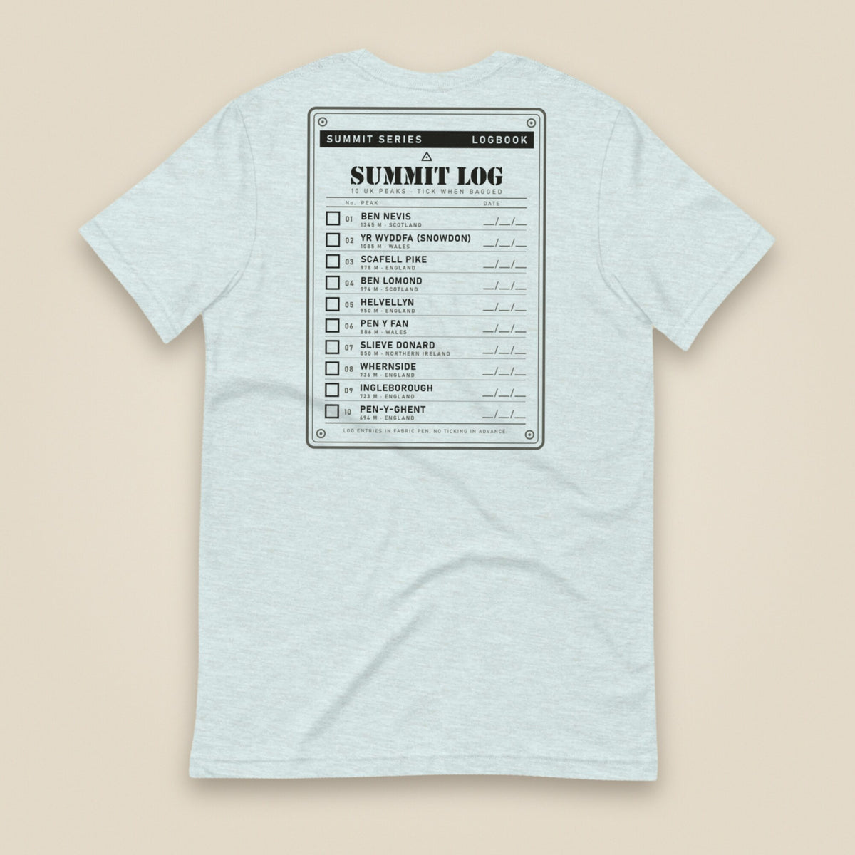 Summit Logbook 10 UK Peaks Premium Double Sided T-Shirt in Heather Prism Ice Blue, back view