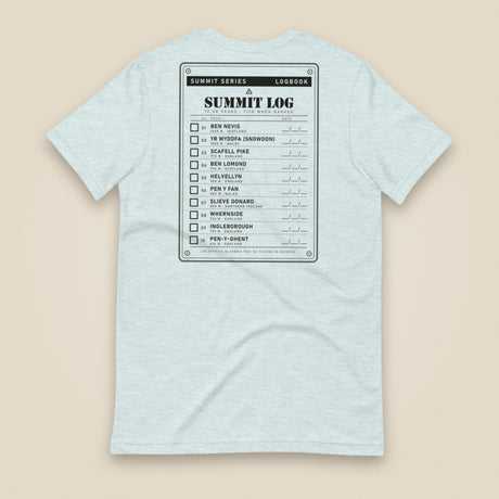 Summit Logbook 10 UK Peaks Premium Double Sided T-Shirt in Heather Prism Ice Blue, back view
