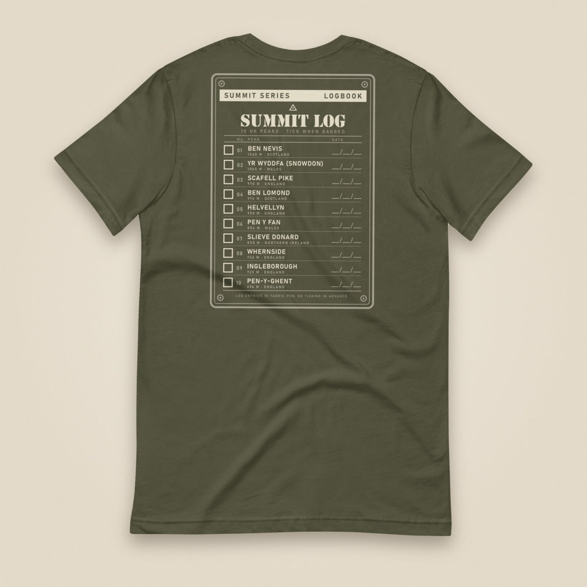 Summit Logbook 10 UK Peaks Premium Double Sided T-Shirt in Military Green, back view