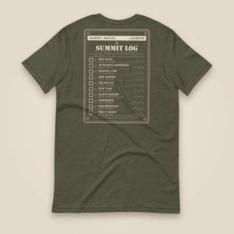 Summit Logbook 10 UK Peaks Premium Double Sided T-Shirt in Military Green, back view
