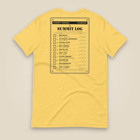 Summit Logbook 10 UK Peaks Premium Double Sided T-Shirt in Yellow, back view